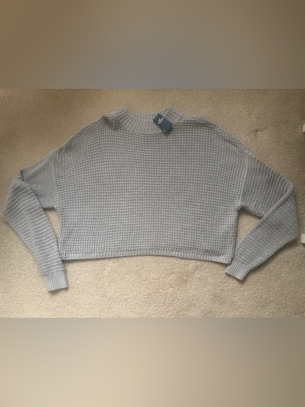 Hollister Light Gray Waffle-Knit Cropped Crewneck Sweater